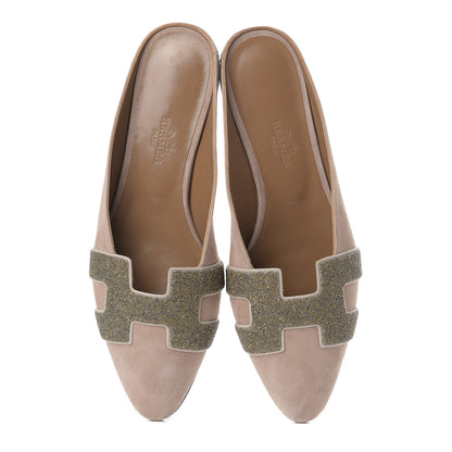 Hermes Suede Goatskin Crystal Roxane Mules 36 Champagne Rose Grey 6 of 11