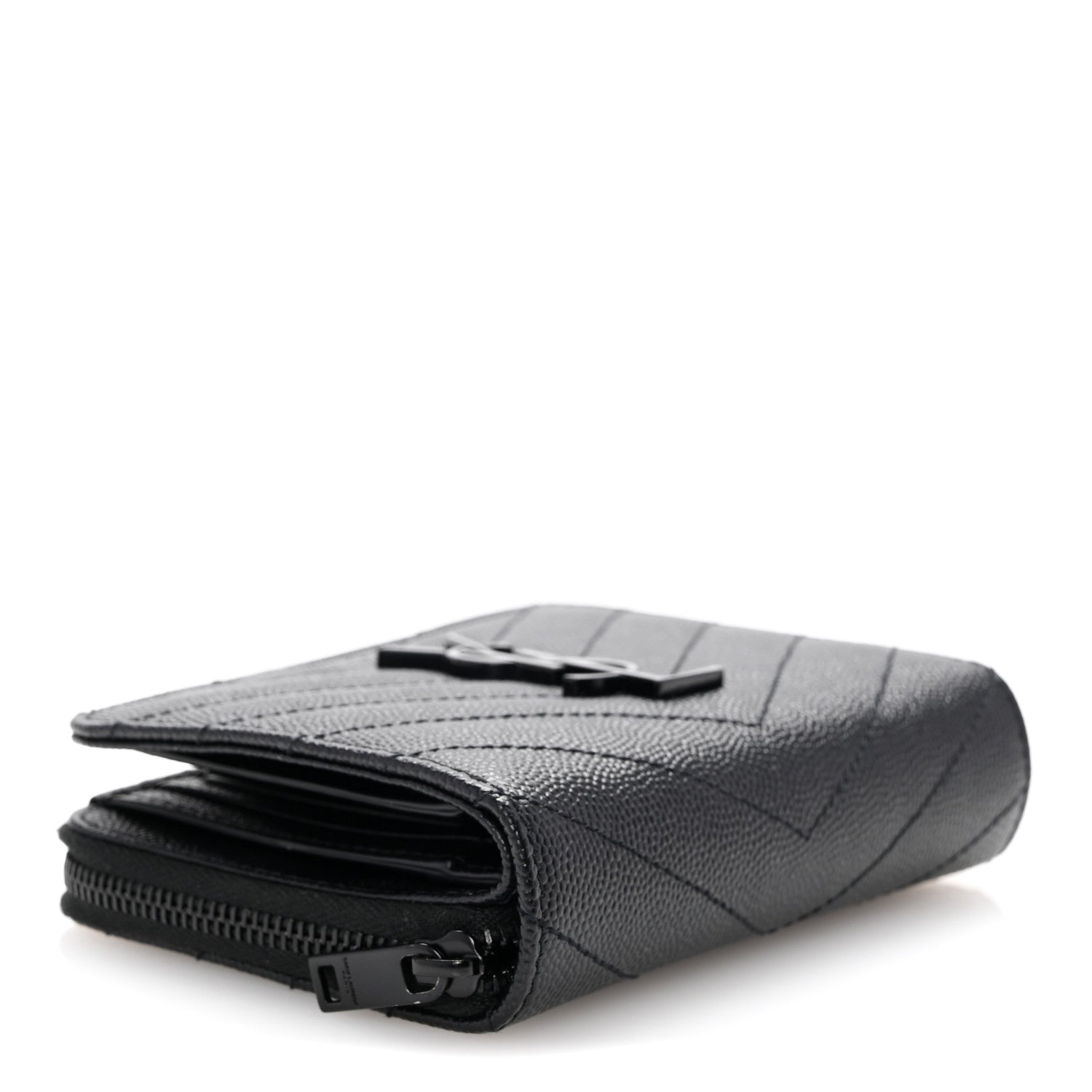 Saint Laurent Grain De Poudre Matelasse Chevron Monogram Monochrome Compact Zip Around Wallet Black 4 of 9