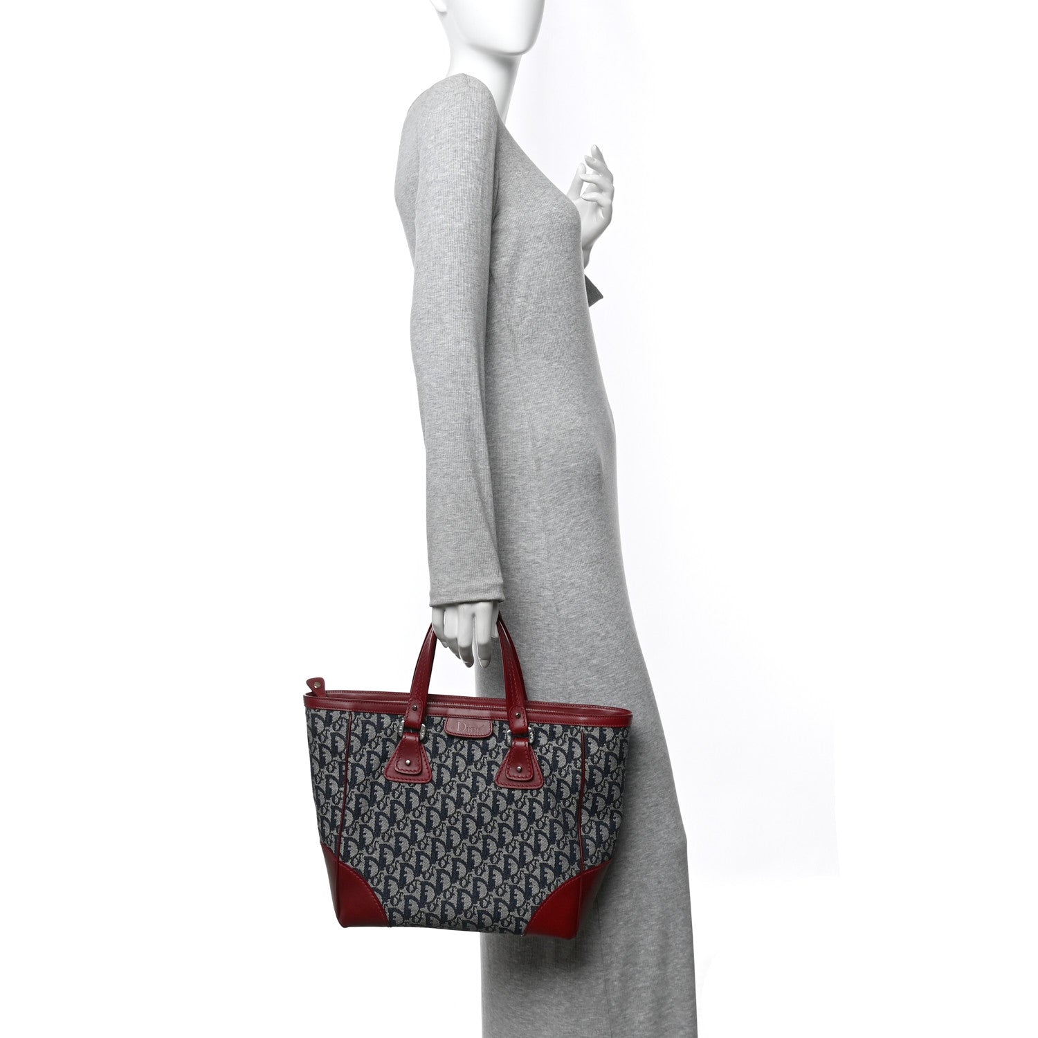 Christian Dior Denim Calfskin Monogram Tote Navy Blue Red 2 of 11