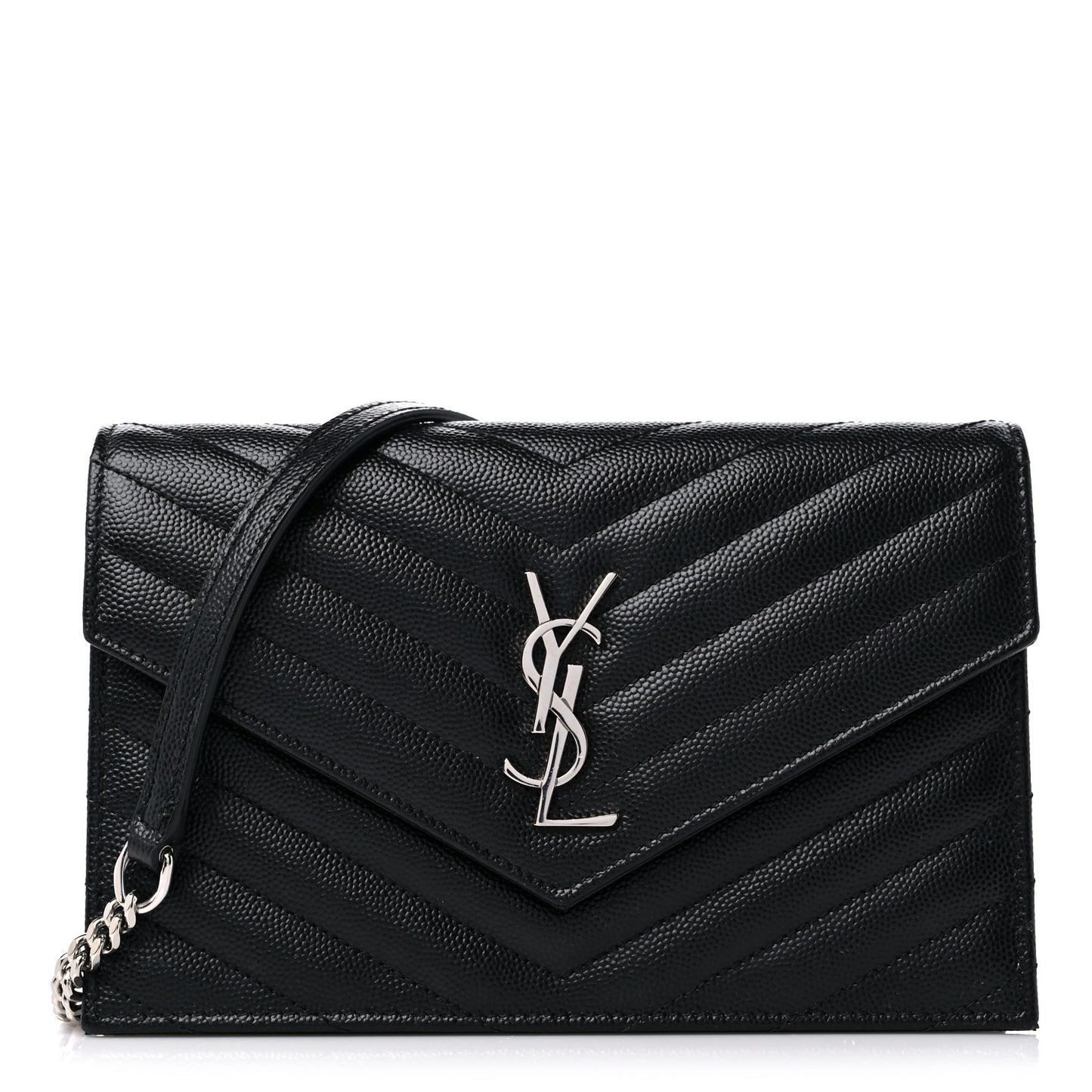 Grain De Poudre Matelasse Chevron Monogram Envelope Chain Wallet Black
