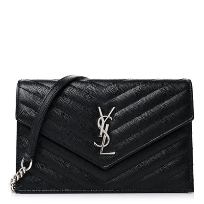 Saint Laurent Grain De Poudre Matelasse Chevron Monogram Envelope Chain Wallet Black 1 of 11
