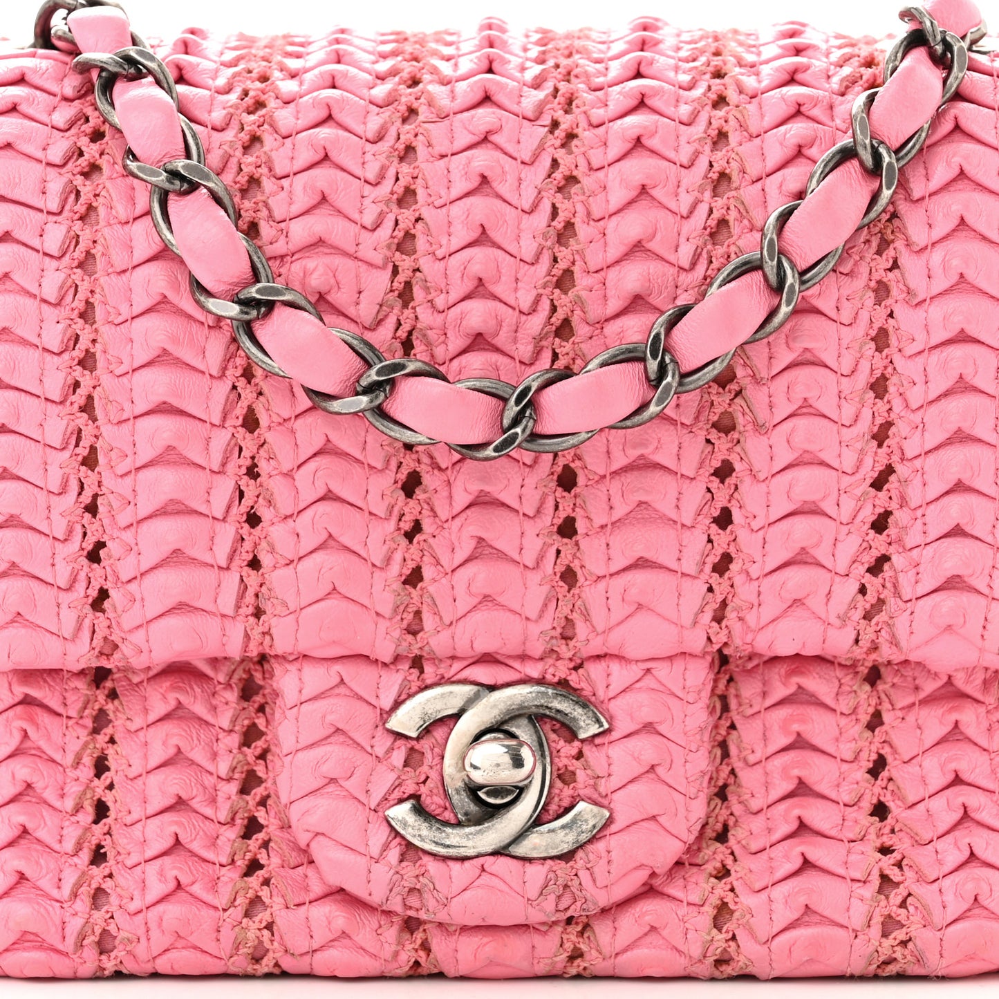 Lambskin Crochet Embroidered Mini Flap Pink