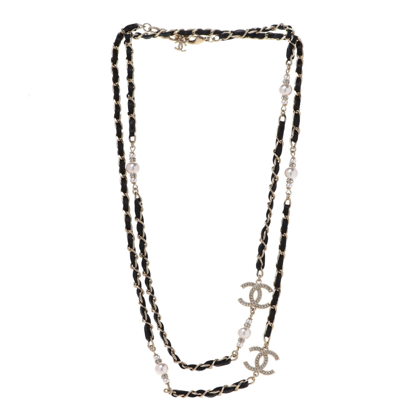 Pearl Crystal Lambskin CC Long Necklace Gold Black