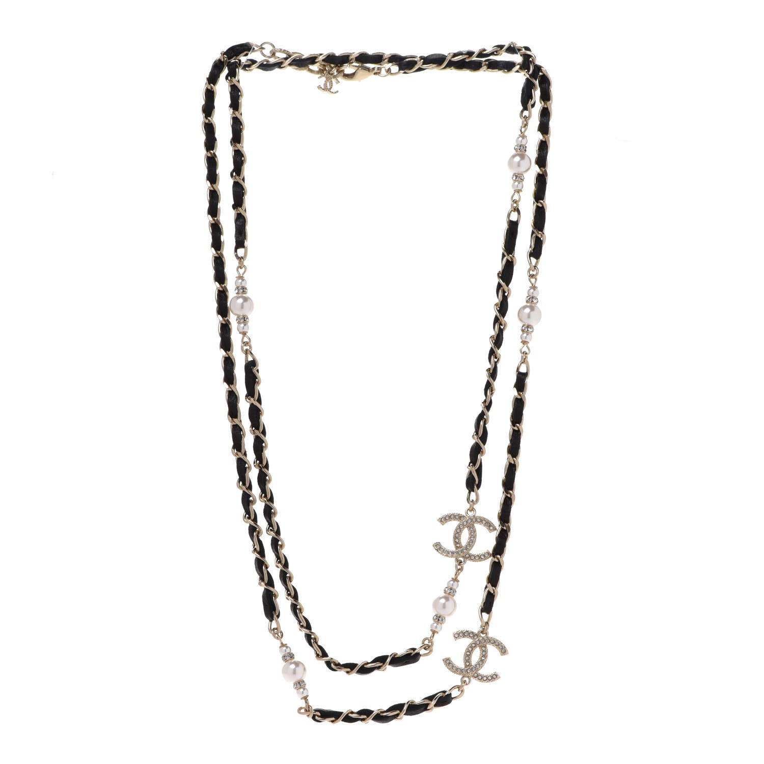 Chanel Pearl Crystal Lambskin CC Long Necklace Gold Black 3 of 6