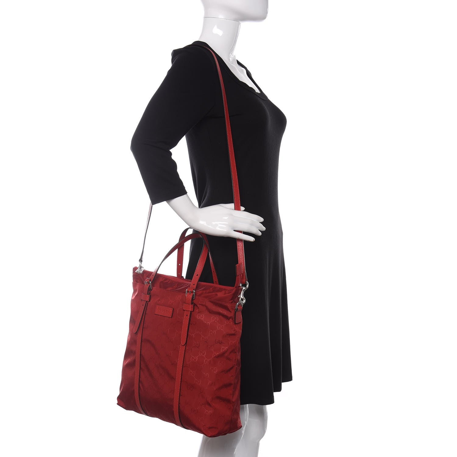 Gucci Nylon Monogram Dollar Calfskin Medium Vertical Tote Vibrant Red 2 of 10