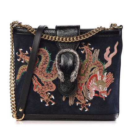 Gucci Suede Patent Dragon Embroidered Medium Dionysus Bucket Bag Dark Blue 1 of 11