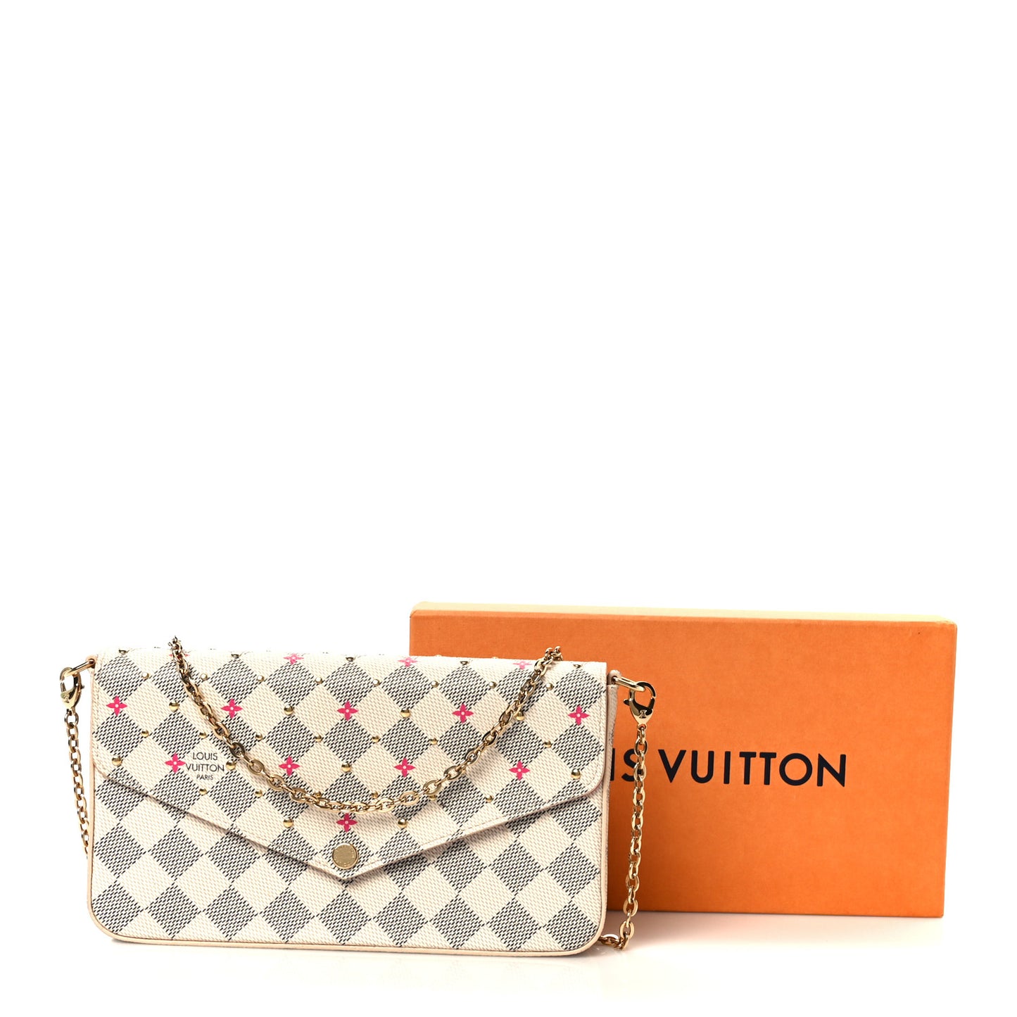 Damier Azur Studded Pochette Felicie Chain Wallet Fuchsia