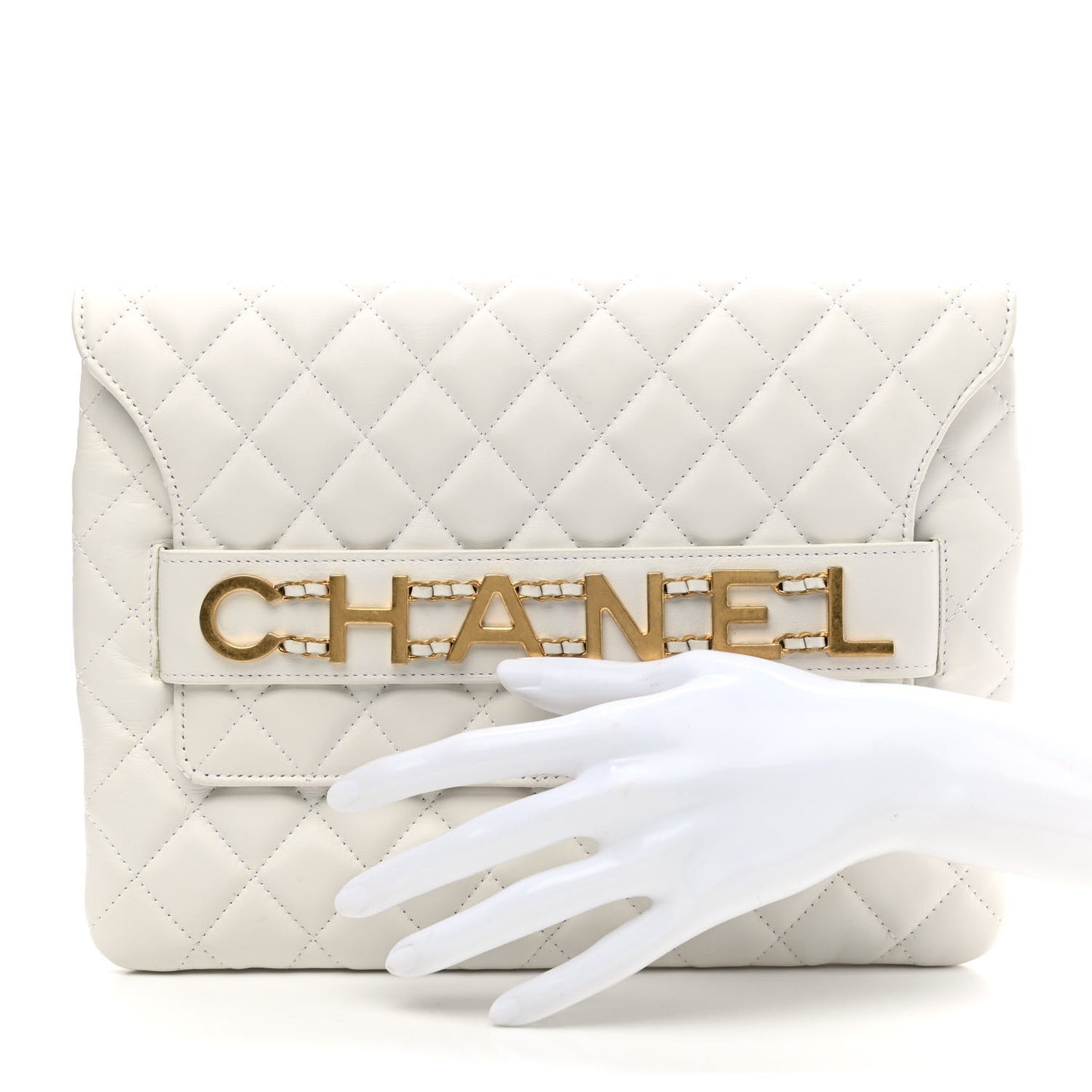 Calfskin Quilted Enchained Clutch White