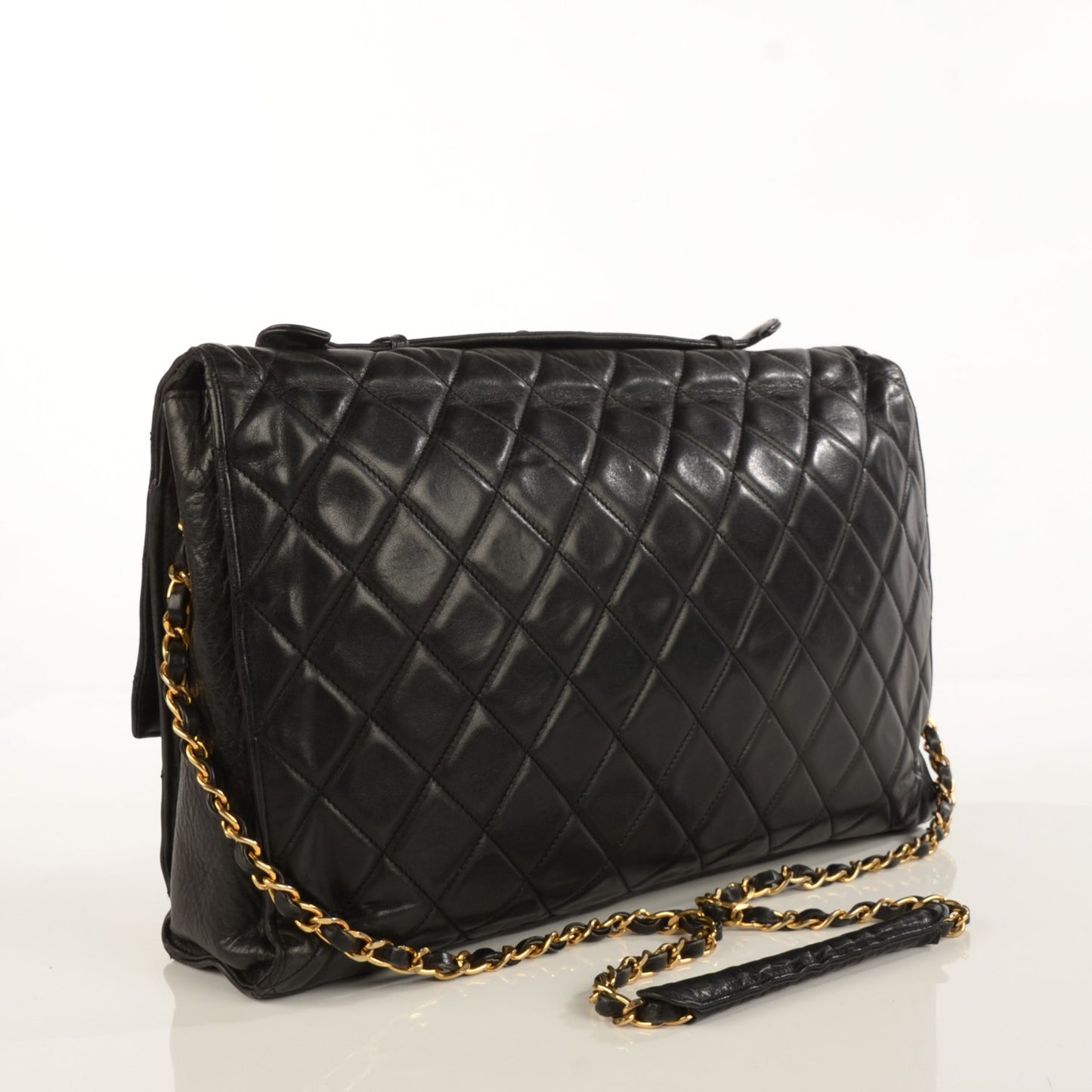 Lambskin Quilted Large Shoulder Flap Bag Black