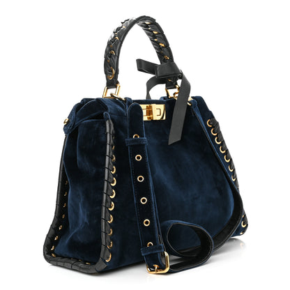 Fendi Velvet Vitello Seta Lace Up Medium Peekaboo Iconic Satchel Blue 3 of 14