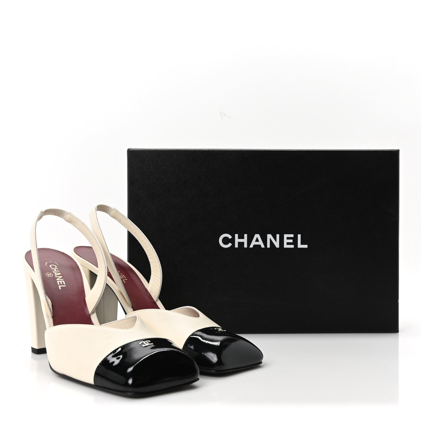 Lambskin Patent Calfskin Cap Toe CC Slingback Pumps 39.5 Ivory Black