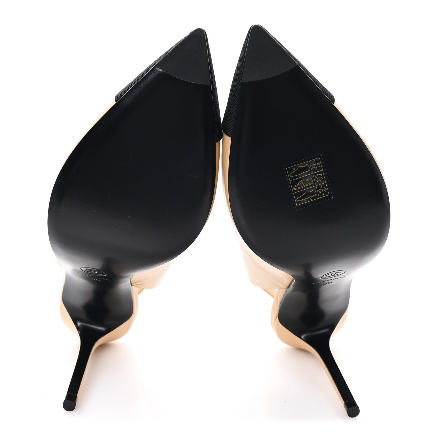 Chanel Goatskin Grosgrain Pointed Cap Toe CC Slingback Pumps 39 Beige Black 6 of 10