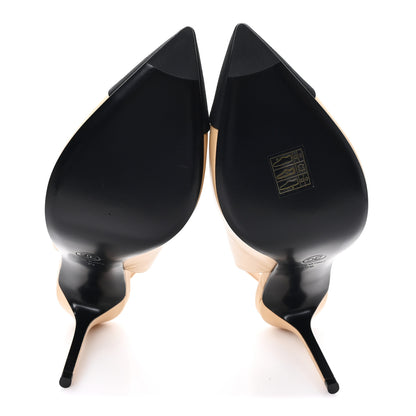 Chanel Goatskin Grosgrain Pointed Cap Toe CC Slingback Pumps 39 Beige Black 6 of 10