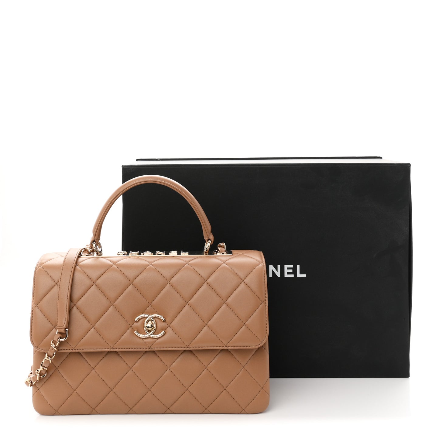 Lambskin Quilted Medium Trendy CC Flap Dual Handle Bag Camel