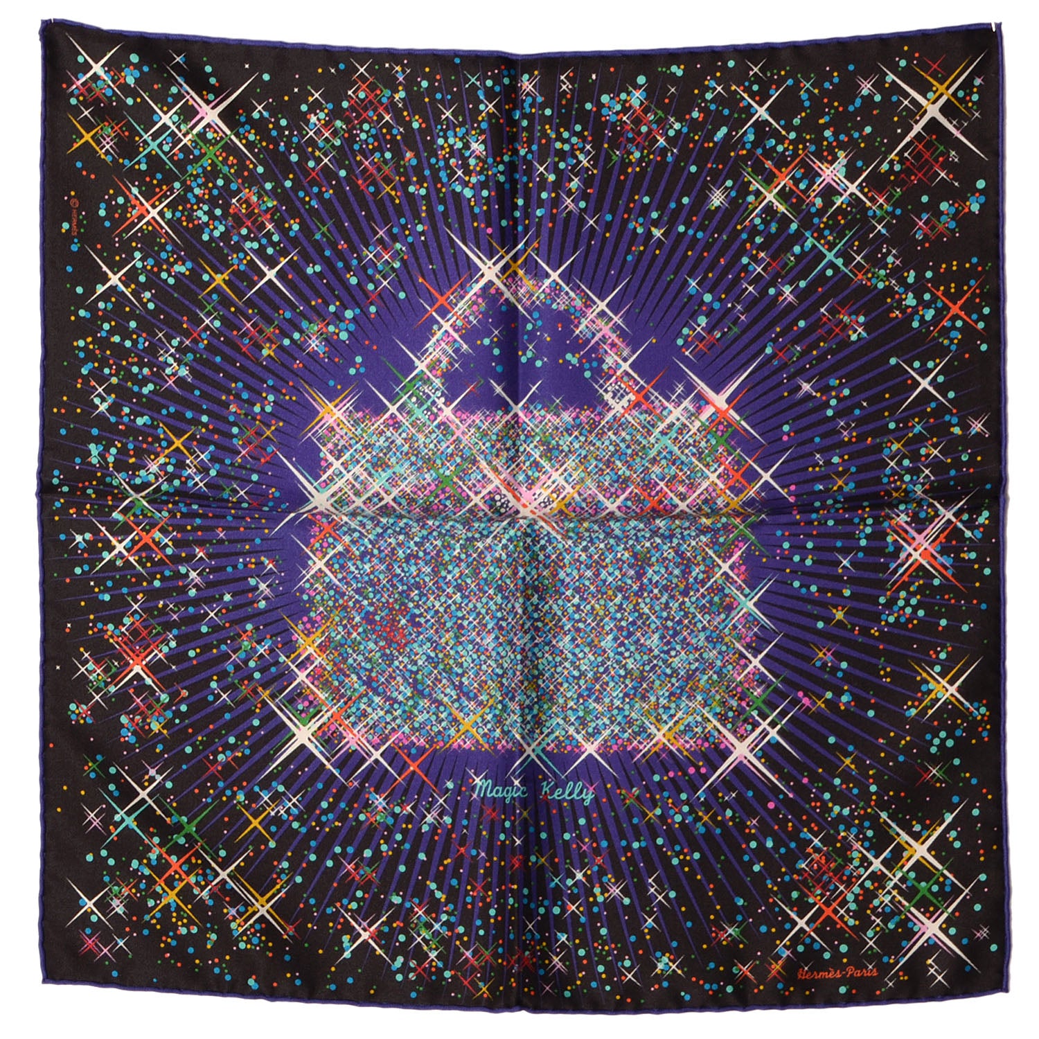 Hermes Silk Twill Magic Kelly Pocket Square Scarf Noir Violet Turquoise 2 of 7