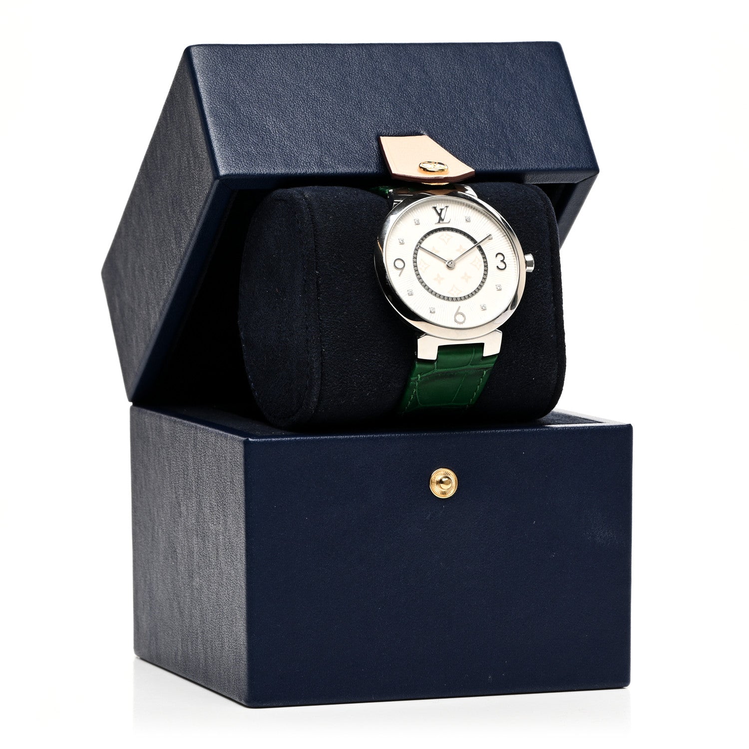 Louis Vuitton Stainless Steel Alligator Diamond 33mm Tambour Slim Quartz Watch Green 5 of 5