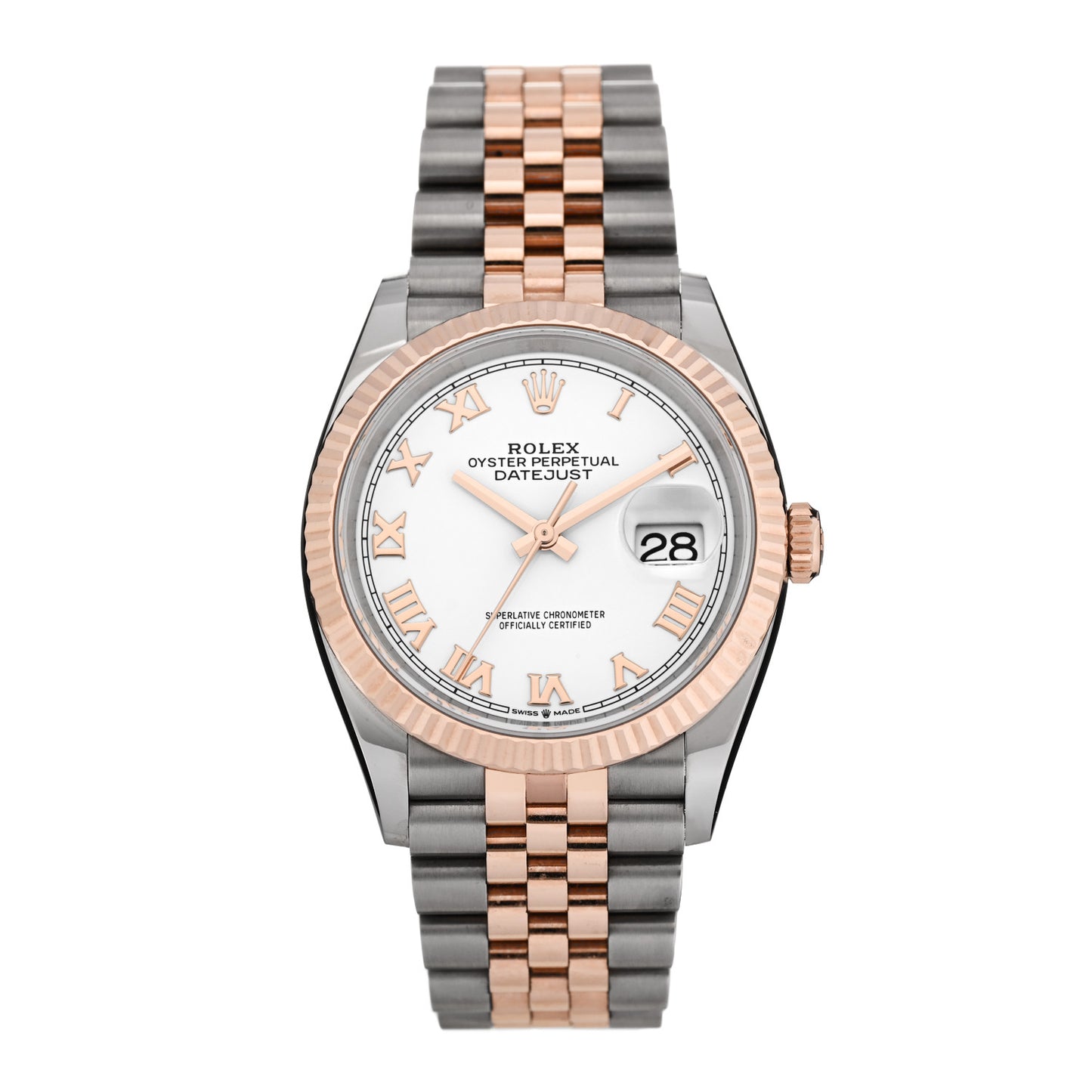 Stainless Steel 18K Everose Gold 36mm Oyster Perpetual Datejust Watch White Roman 126231