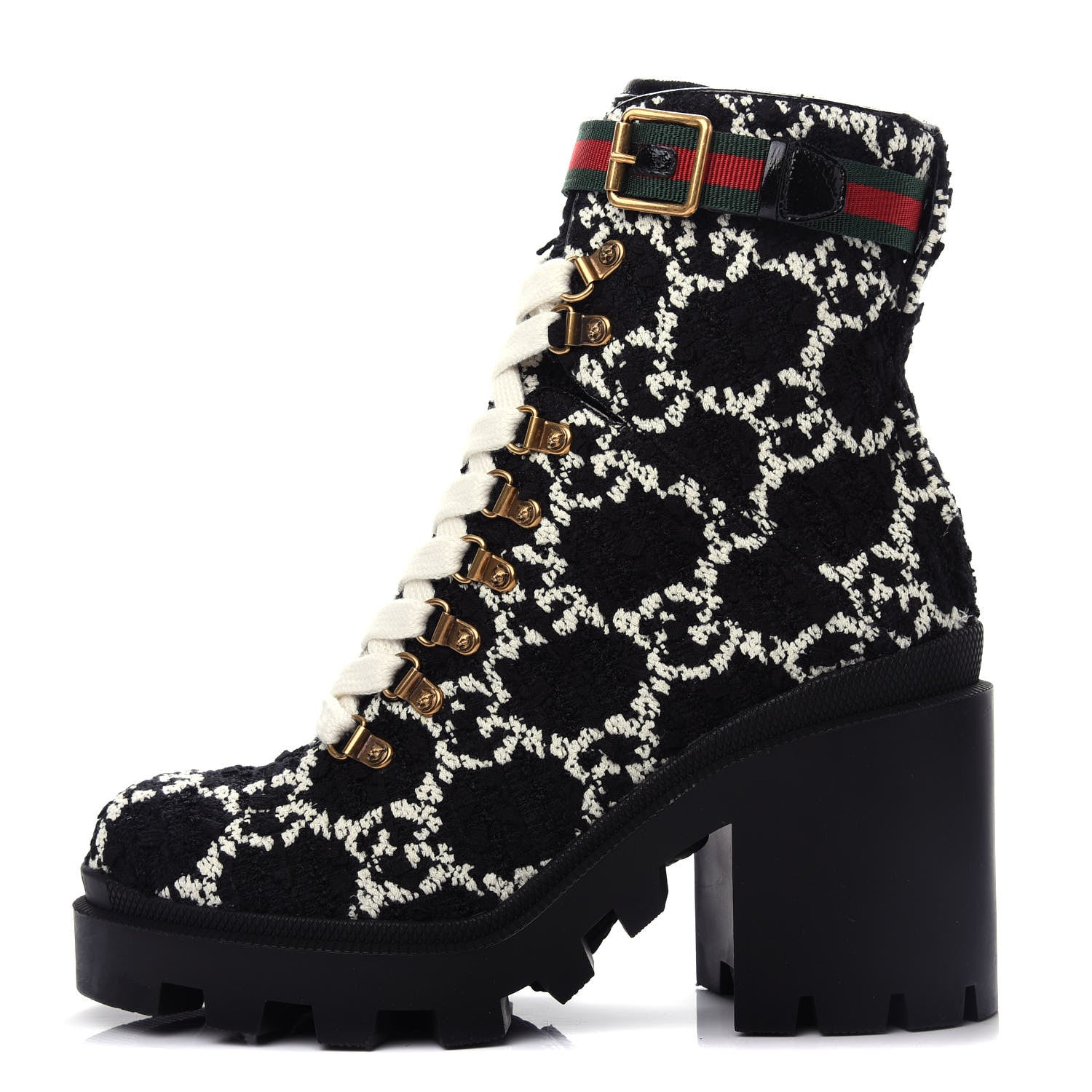 Gucci Tweed GG Monogram Lace Up Combat Ankle Boots 39 Black 1 of 11