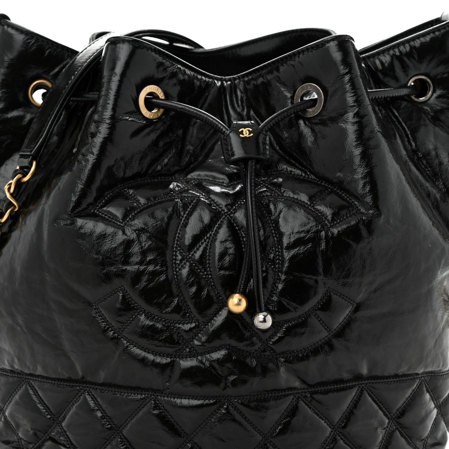 Shiny Aged Calfskin CC Chain Drawstring Bag Black