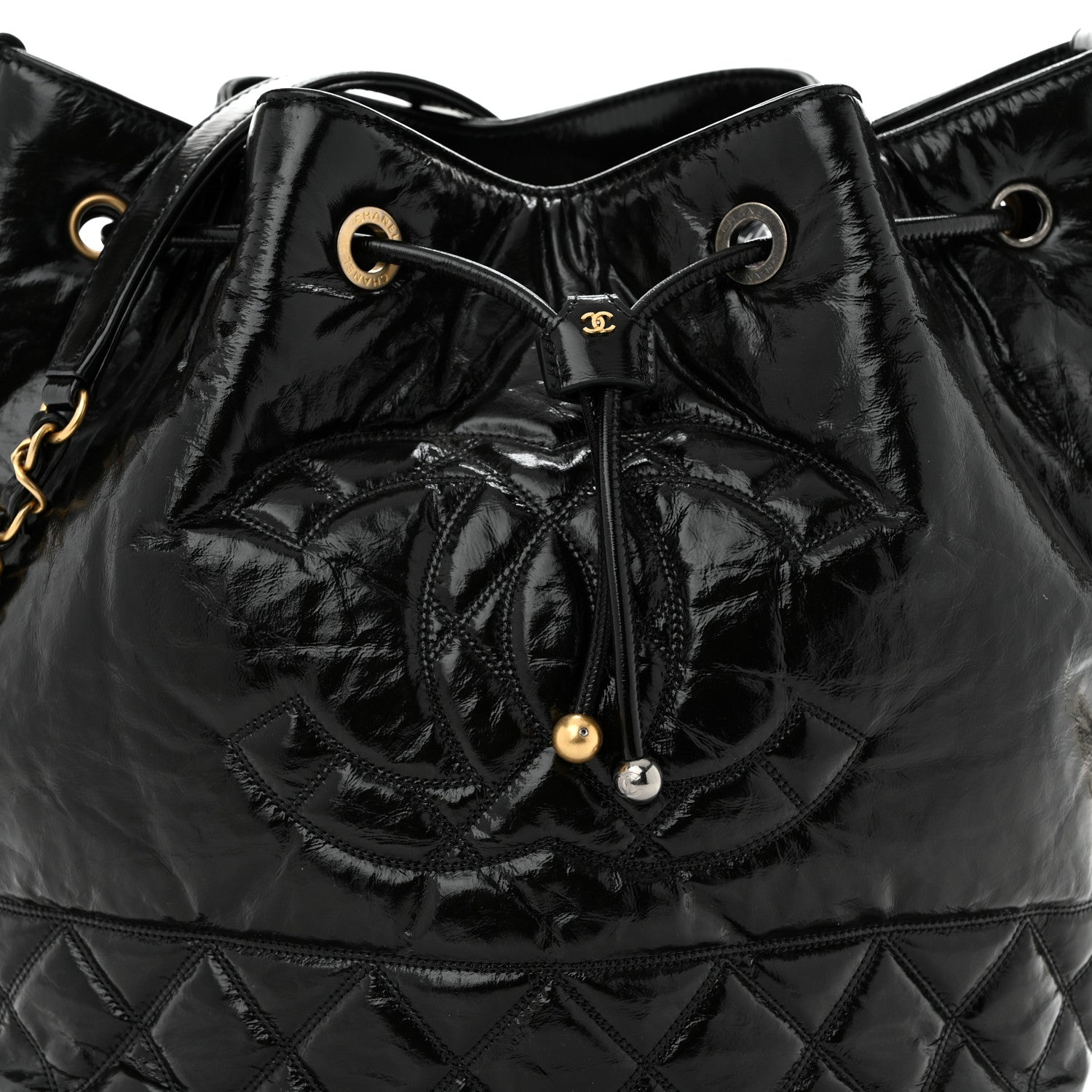 Chanel Shiny Aged Calfskin CC Chain Drawstring Bag Black 8 of 10