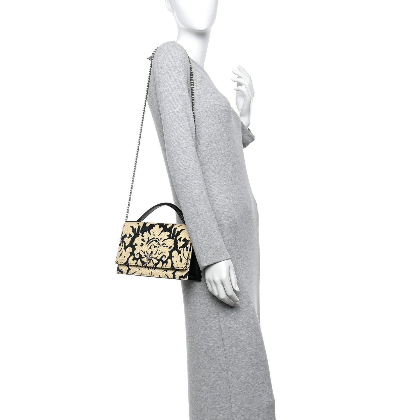 Woven Raffia Damask Print Medium Skull Top Handle Bag Beige Black