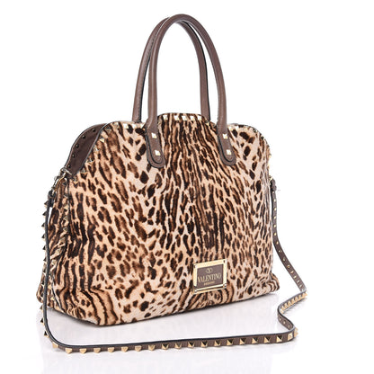 Valentino Garavani Calf Hair Cavallino Animal Rockstud Dome Satchel Leopard 3 of 18