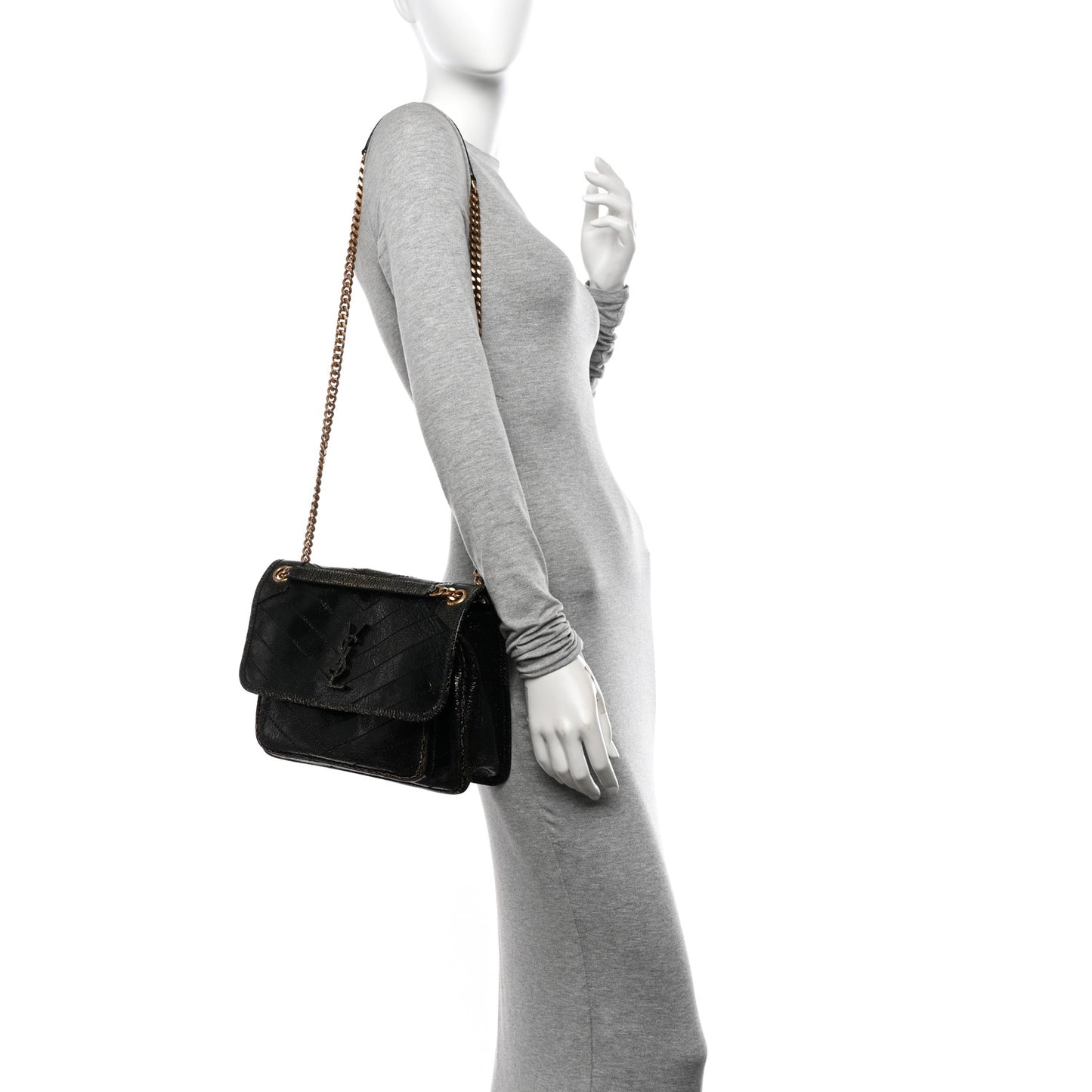 Crinkled Calfskin Matelasse Monogram Medium Niki Chain Satchel Black Ocra