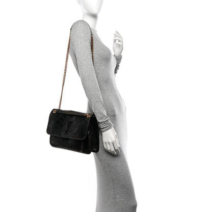 Saint Laurent Crinkled Calfskin Matelasse Monogram Medium Niki Chain Satchel Black Ocra 2 of 11