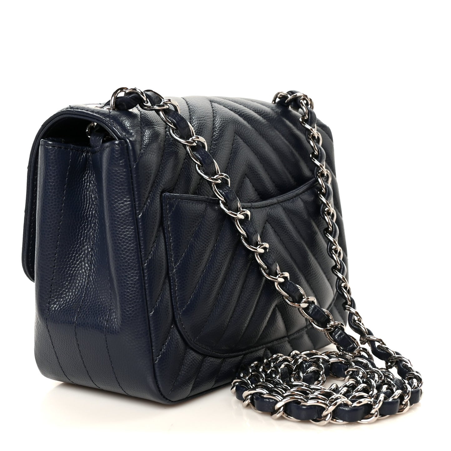 Caviar Chevron Quilted Mini Square Flap Blue