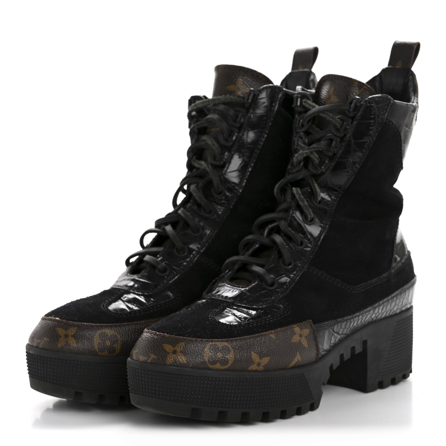 Suede Calfskin Crocodile Embossed Patent Monogram Laureate Platform Desert Boots 39 Black