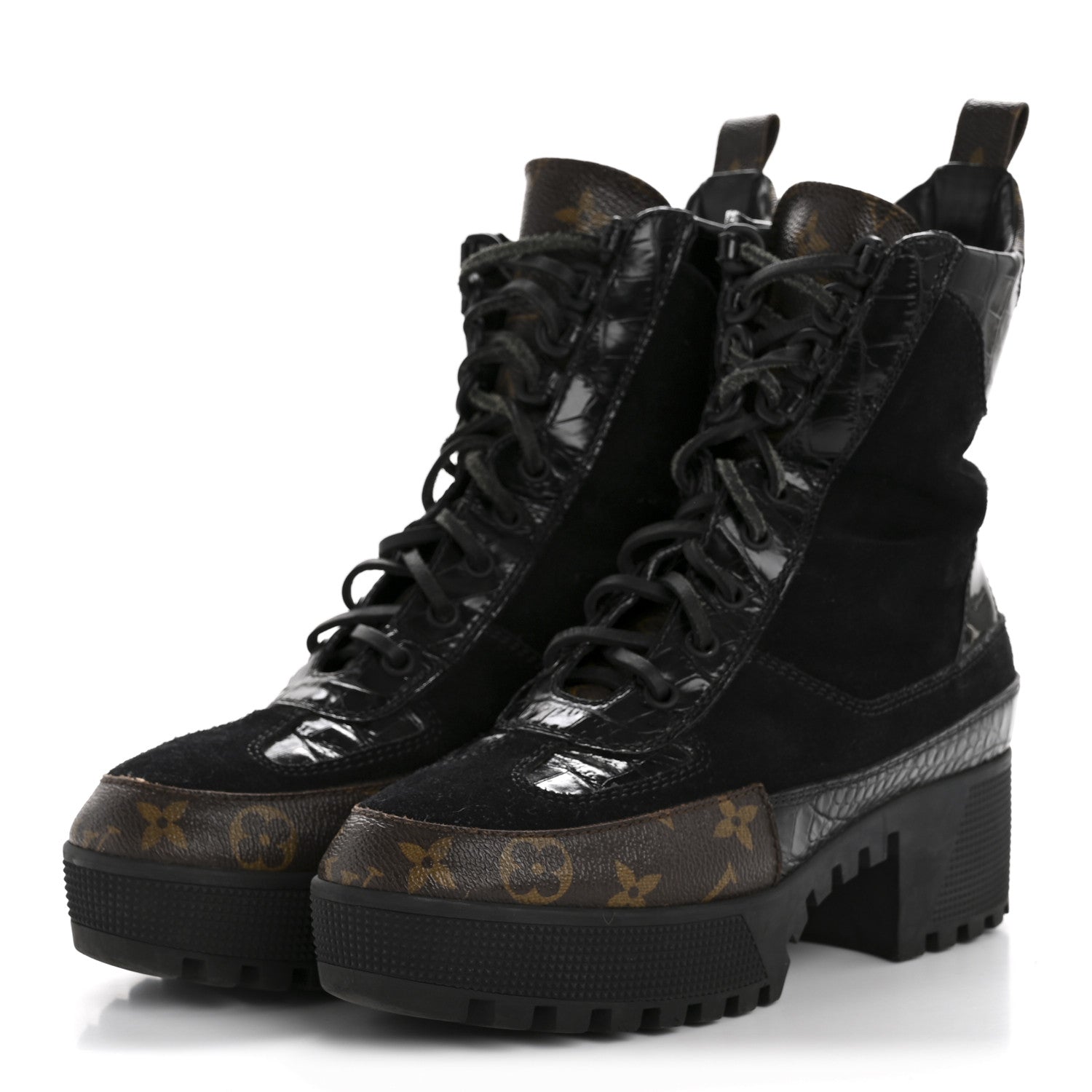 Louis Vuitton Suede Calfskin Crocodile Embossed Patent Monogram Laureate Platform Desert Boots 39 Black 4 of 10