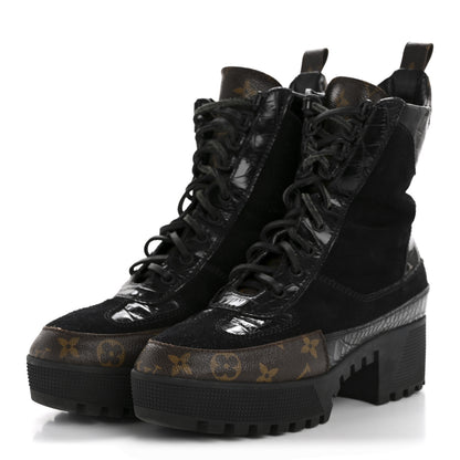 Louis Vuitton Suede Calfskin Crocodile Embossed Patent Monogram Laureate Platform Desert Boots 39 Black 4 of 10