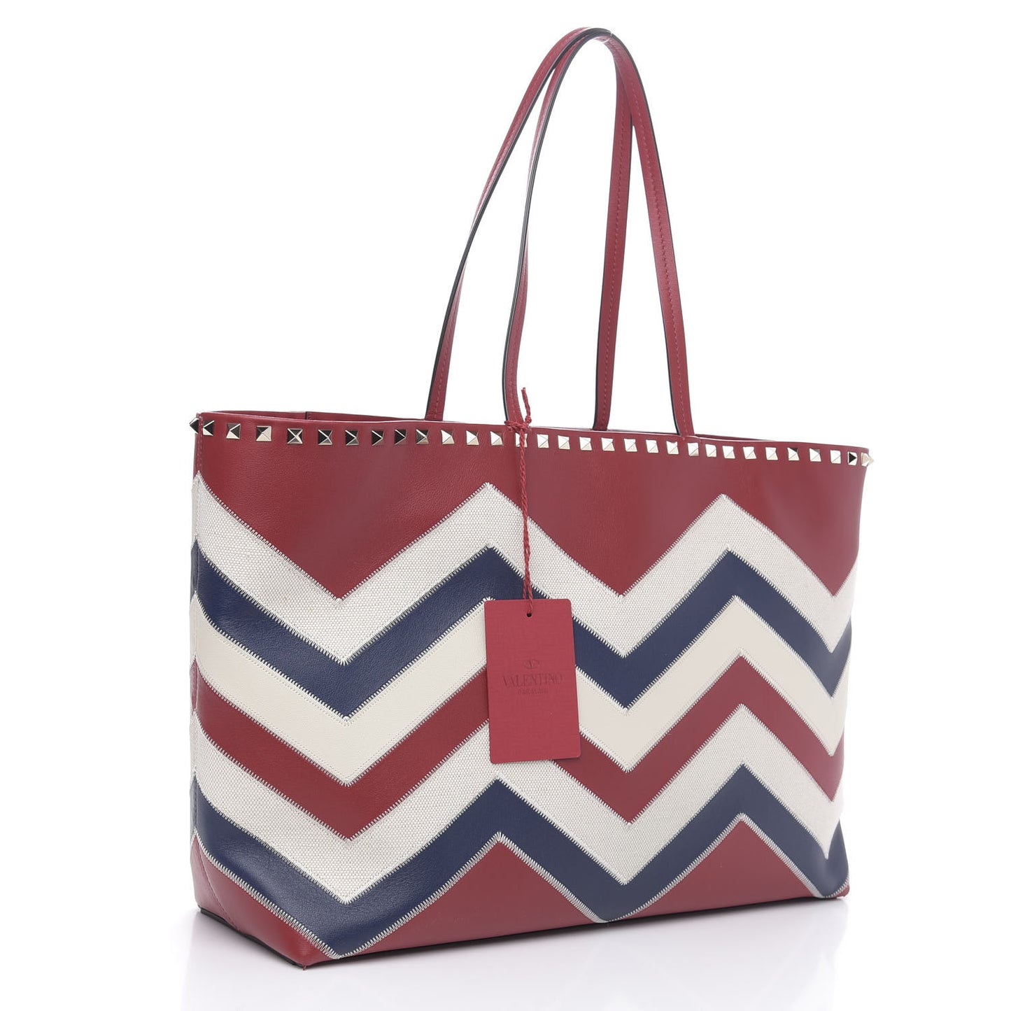 Calfskin Canvas Chevron Inlay Rockstud Shoulder Tote Red White Blue