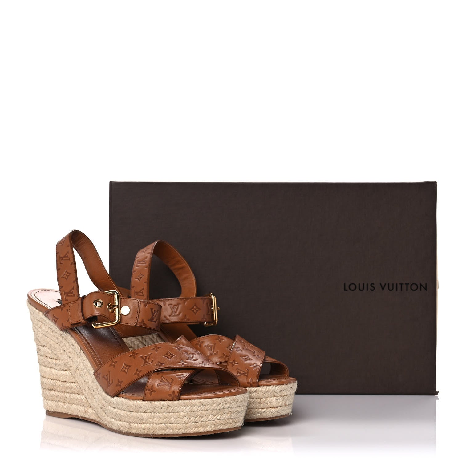 Louis Vuitton Calfskin Monogram Embossed Espadrille Wedge Sandals 41 Cognac 9 of 9