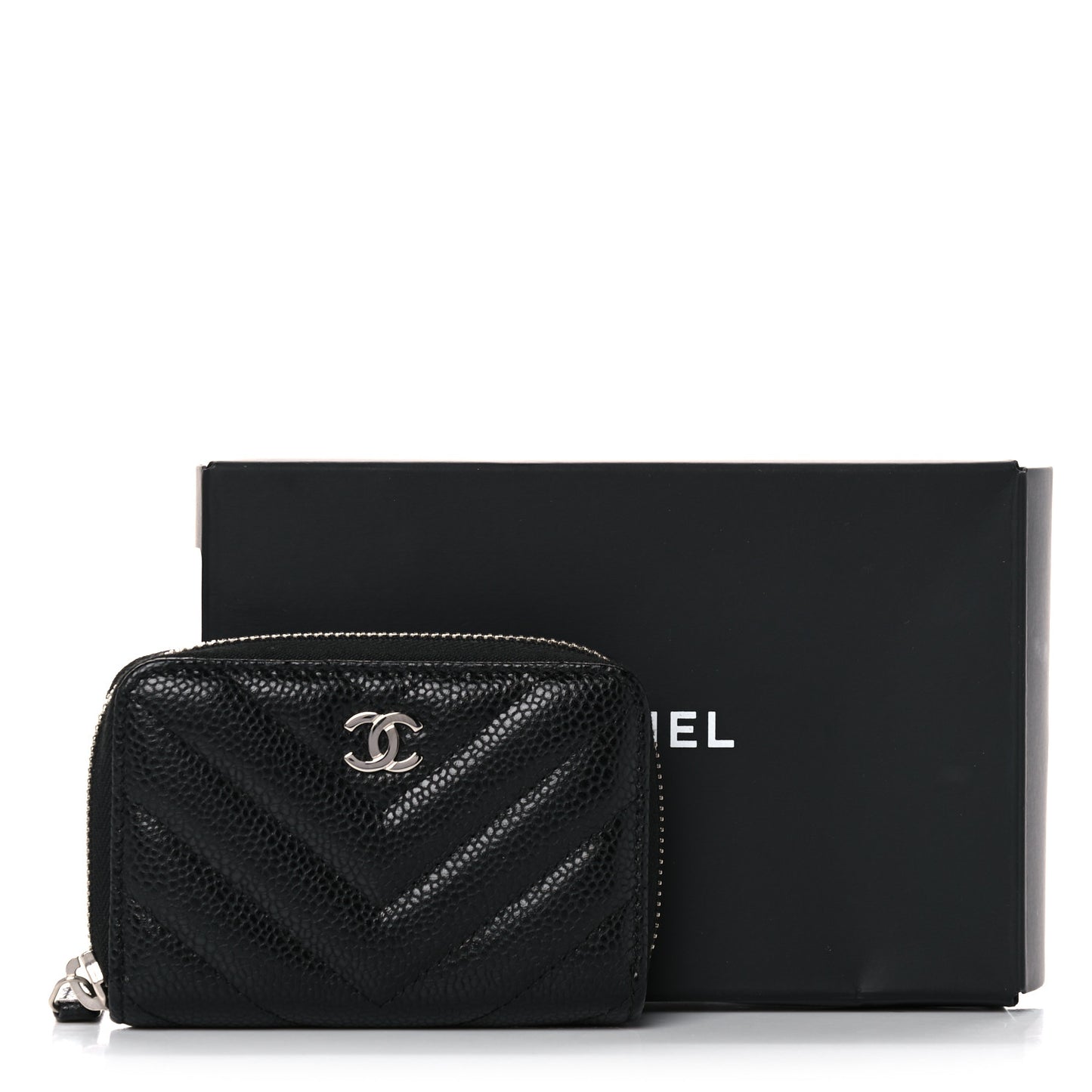Caviar Chevron Quilted Zip Coin Purse Black