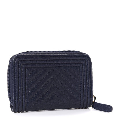 Chanel Caviar Chevron Quilted Boy Zip Around Coin Purse Wallet Navy Blue 3 of 8