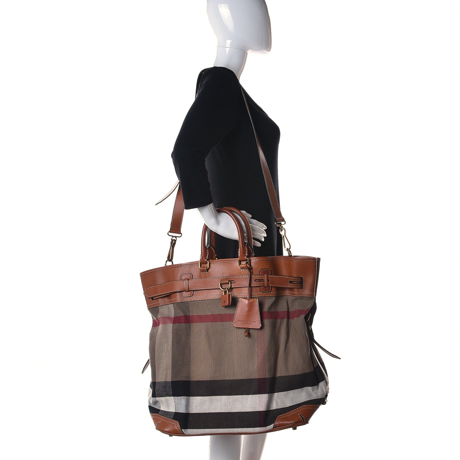 Burberry Canvas Mega Check Traveler Tote Dark Tan 2 of 36