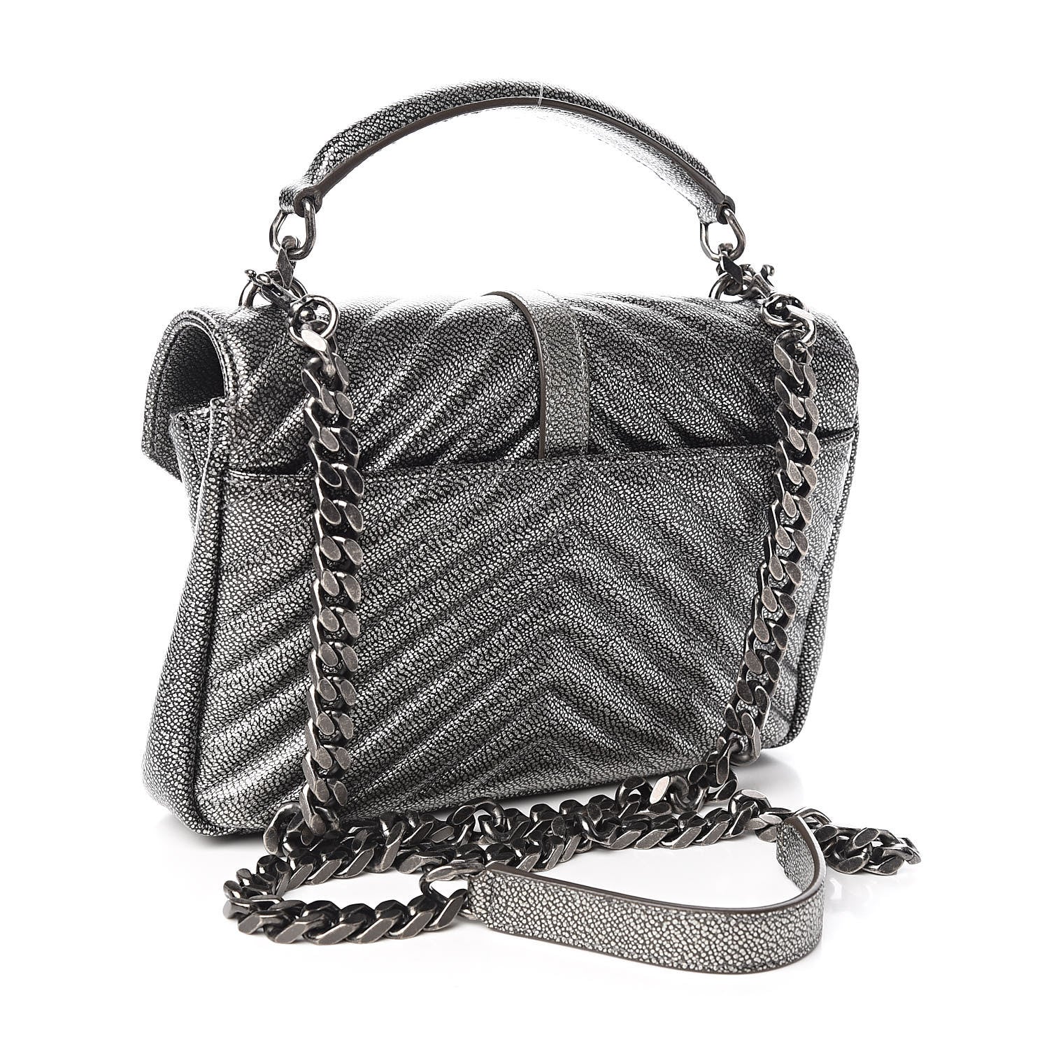 Saint Laurent Metallic Grain De Poudre Matelasse Chevron Monogram Medium College Bag Gunmetal 3 of 10