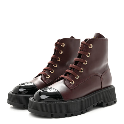 Chanel Calfskin Patent Calfskin CC Lace Up Combat Boots 40 Burgundy Black 4 of 10