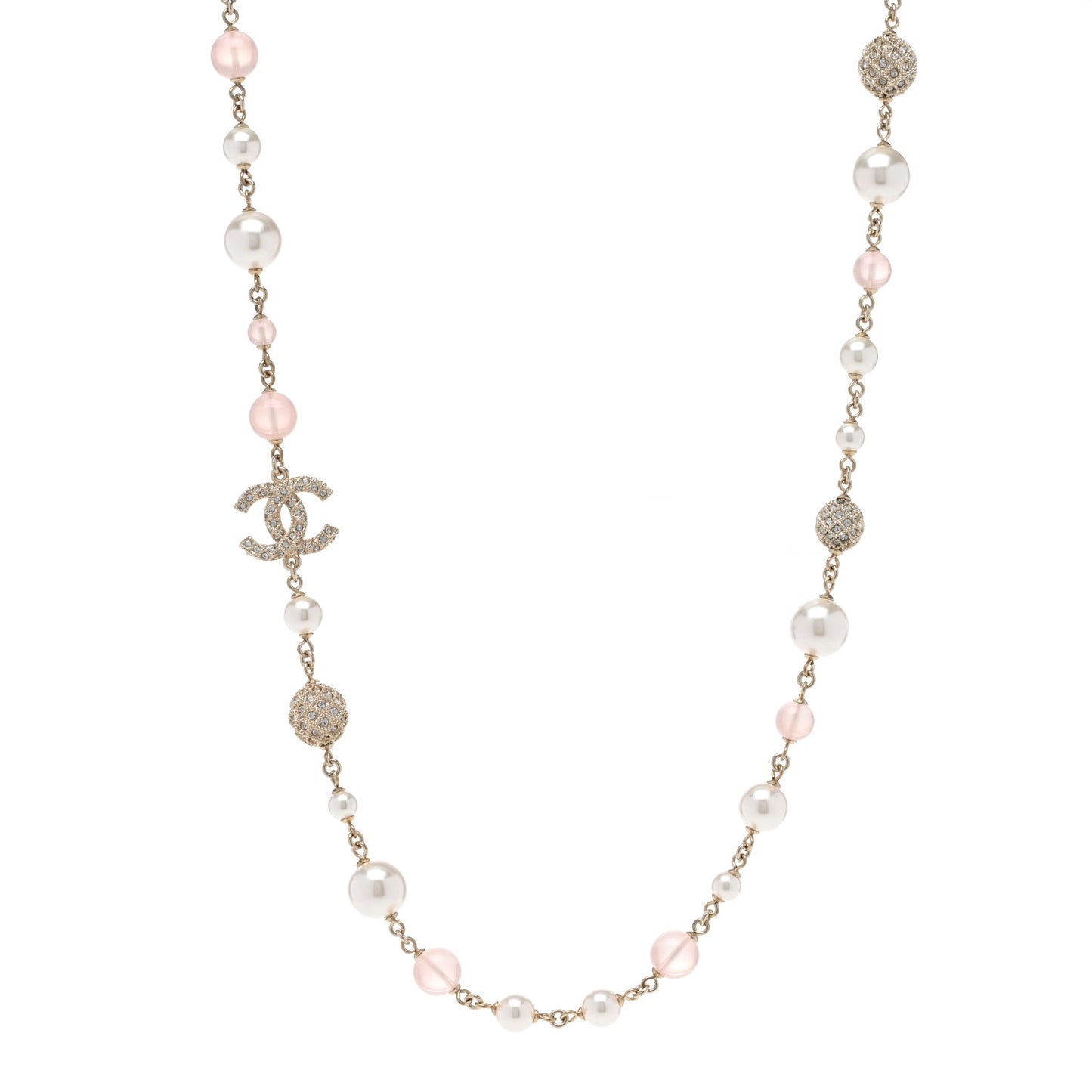 Pearl Beaded Crystal CC Long Necklace Gold Pearly White Pink