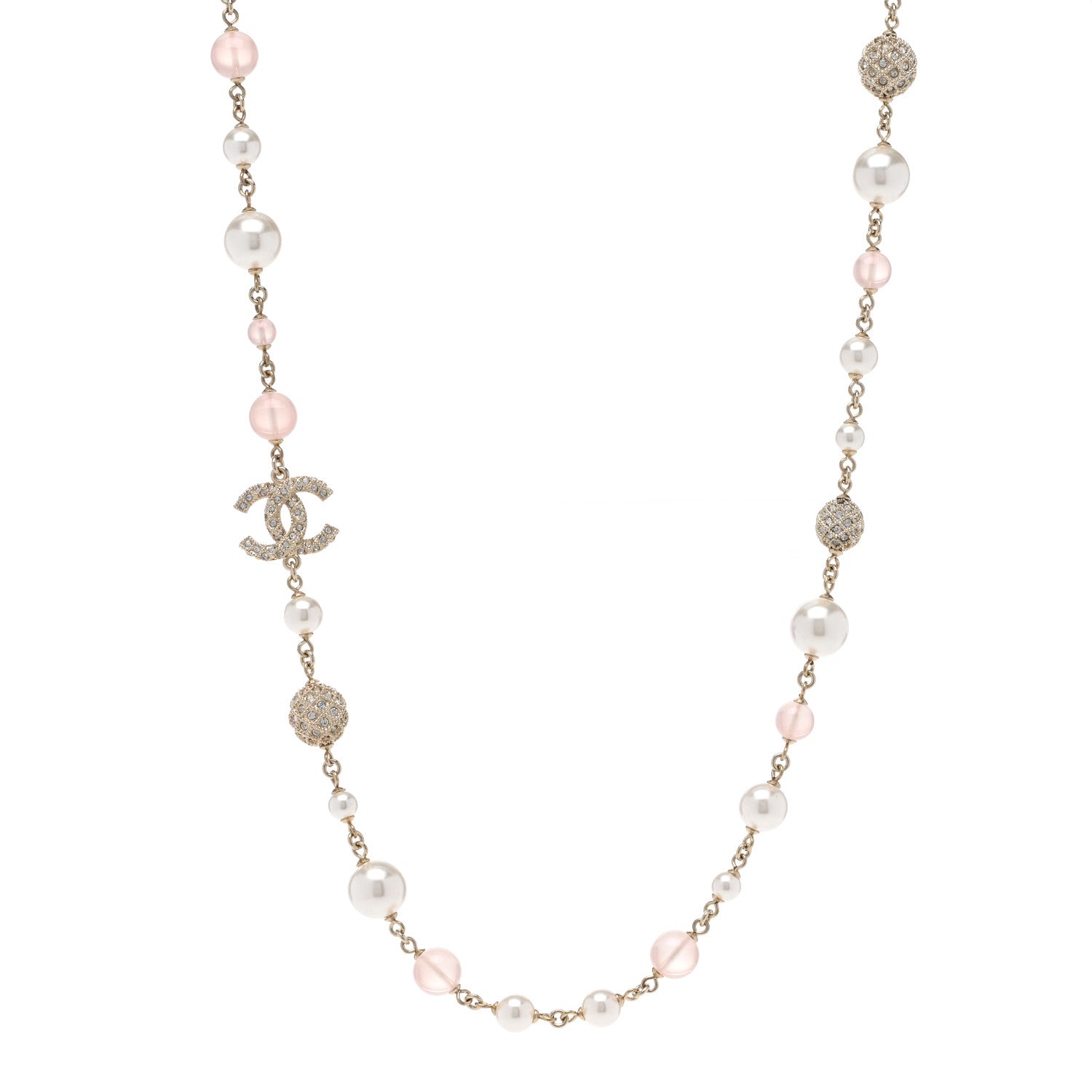Chanel Pearl Beaded Crystal CC Long Necklace Gold Pearly White Pink 1 of 6