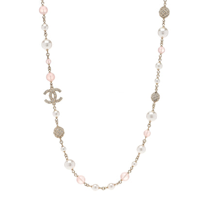 Chanel Pearl Beaded Crystal CC Long Necklace Gold Pearly White Pink 1 of 6