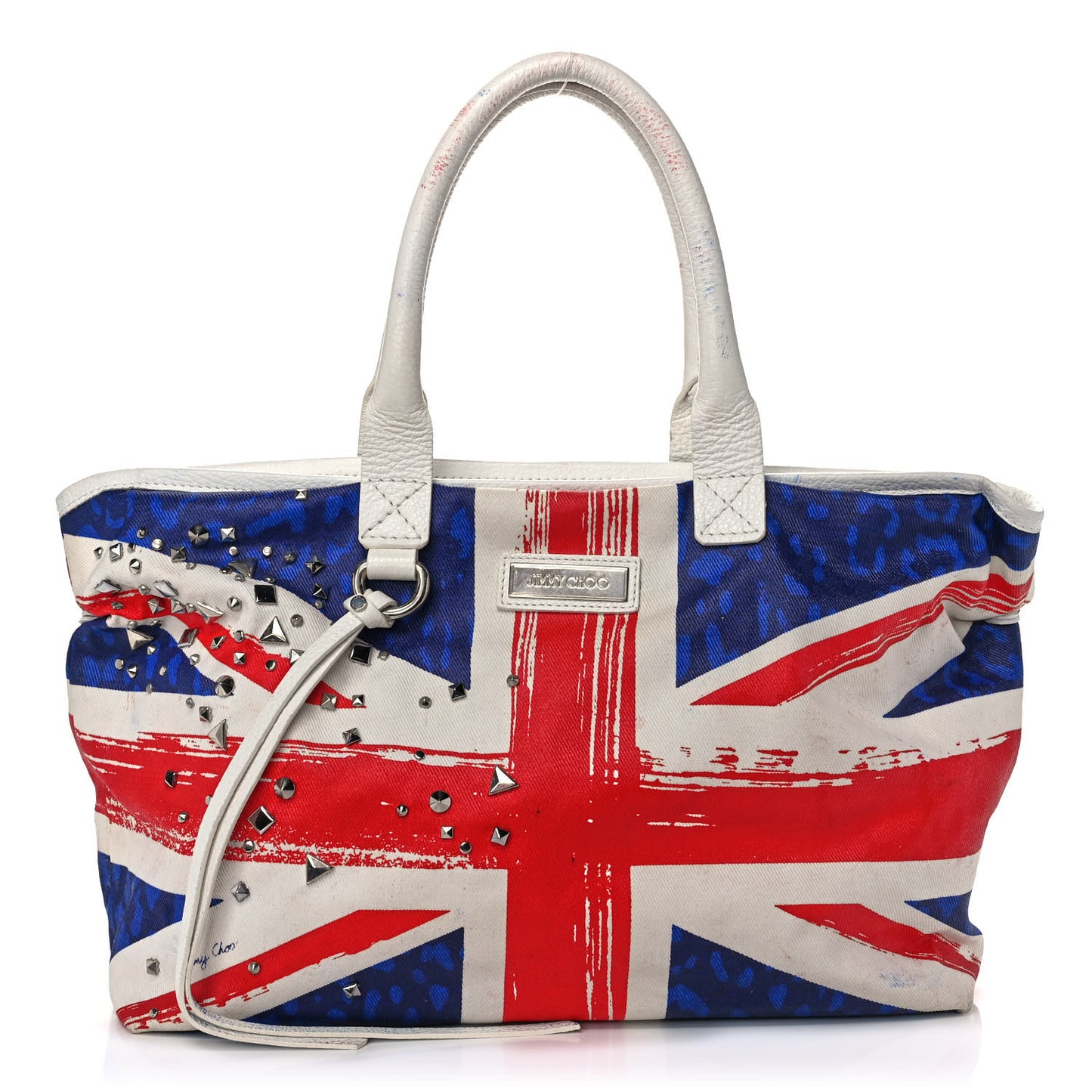 Denim Calfskin Studded Union Jack Print Tote
