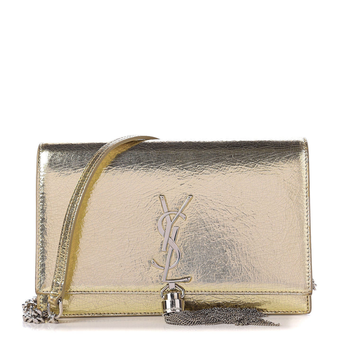 Metallic Crackled Calfskin Kate Monogram Tassel Chain Wallet Gold