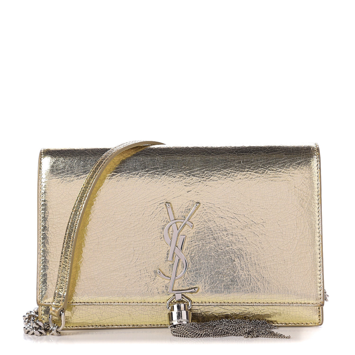 Saint Laurent Metallic Crackled Calfskin Kate Monogram Tassel Chain Wallet Gold 1 of 12