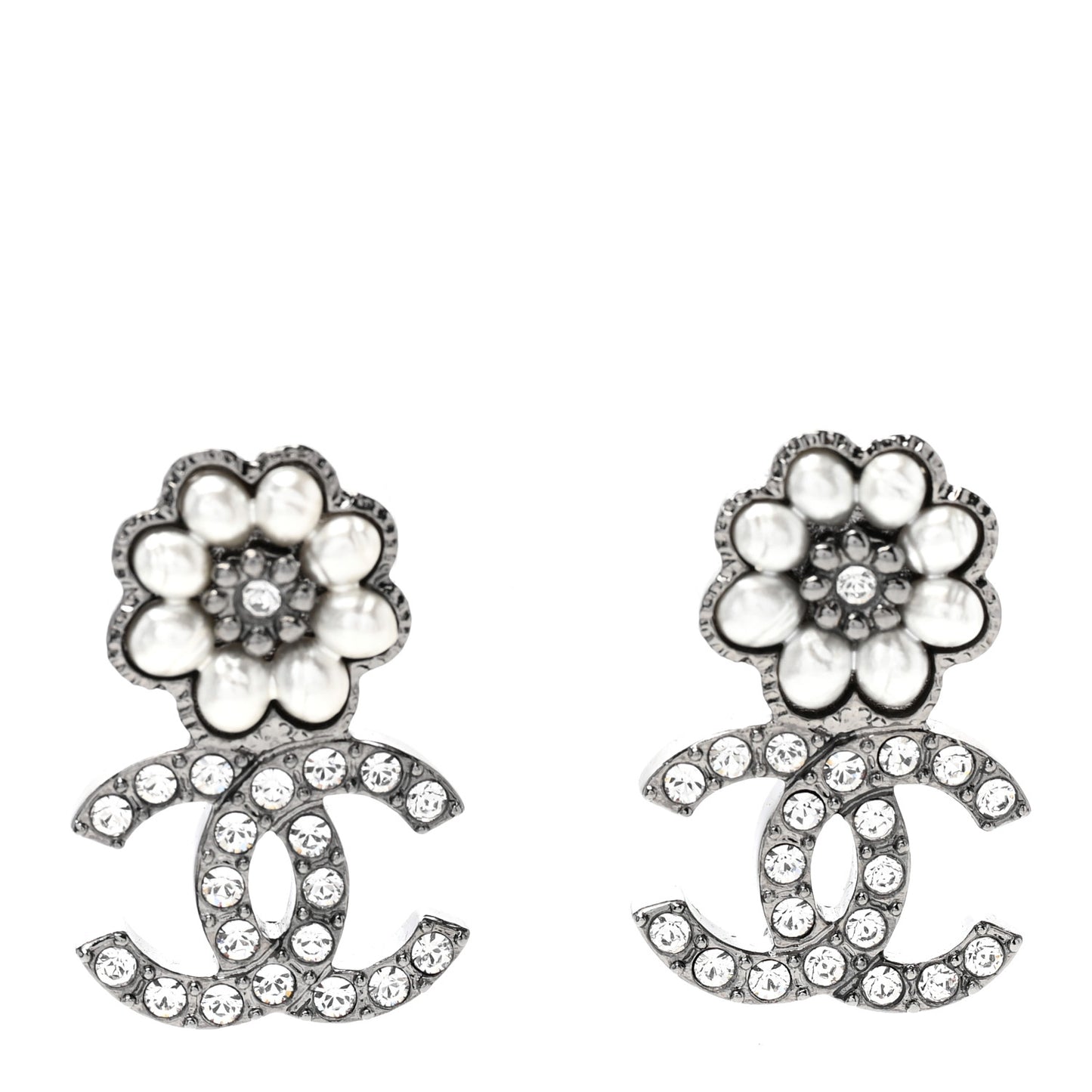Crystal CC Pearl Flower Earrings Silver