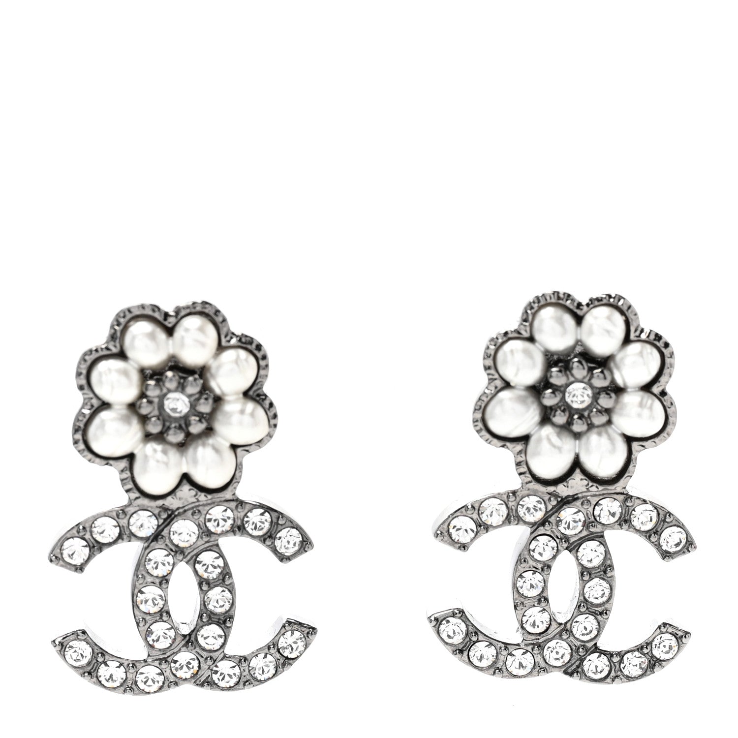 Chanel Crystal CC Pearl Flower Earrings Silver 1 of 5