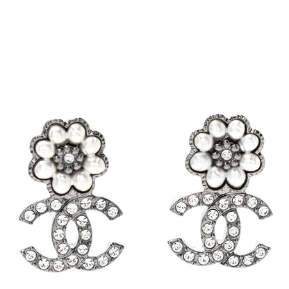 Chanel Crystal CC Pearl Flower Earrings Silver 1 of 5