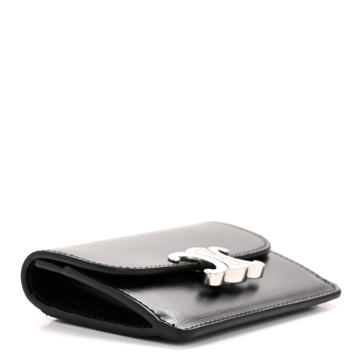 Shiny Calfskin Triomphe Flap Card Holder Black