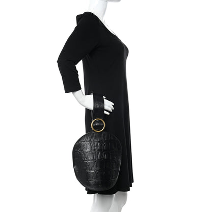 Celine Calfskin Crocodile Embossed Curved Clutch Black 2 of 9